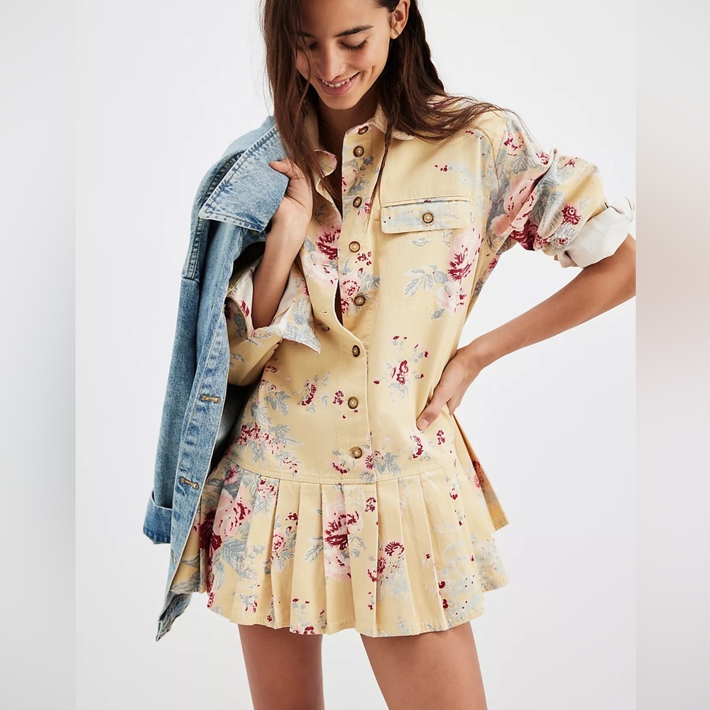 Free People Connor Printed Mini Dress in Yellow Combo. NWT. Size Medium